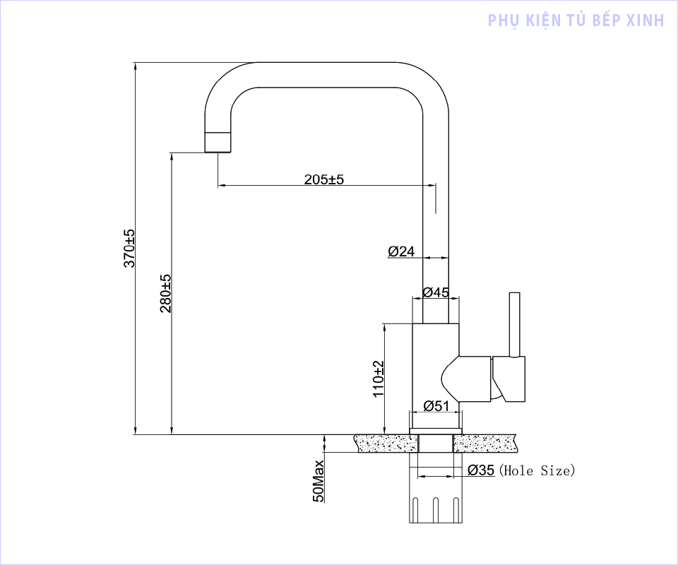 Kích thước vòi rửa bát Eurogold EUF015M