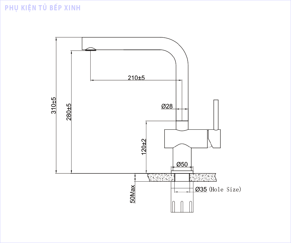 Kích thước vòi rửa bát Eurogold EUF020BR