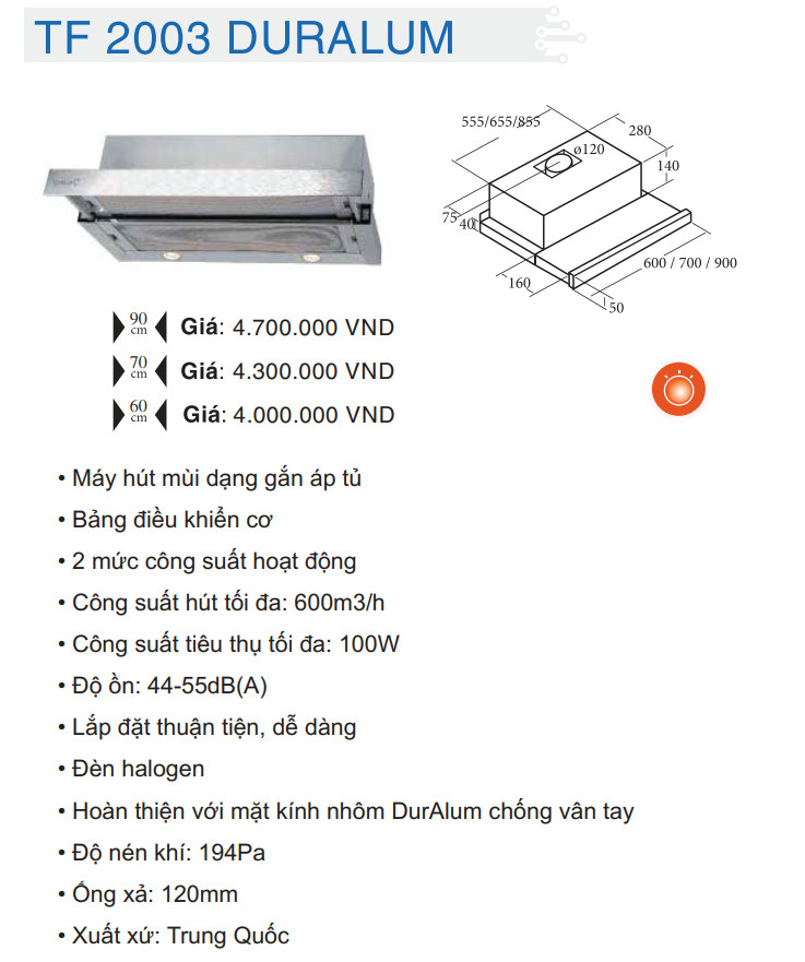 Máy hút mùi âm tủ Cata TF2003 DURALUM 900